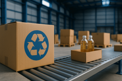 Desain kemasan sirkular Indonesia di sektor manufaktur, menampilkan kardus bergambar simbol daur ulang biru di jalur produksi industri Jawa Barat sebagai ilustrasi penerapan Permen LHK 75/2019.