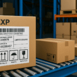 Ilustrasi realistis gudang logistik di Jawa Barat dengan kardus berlabel SSCC, simbol ISO, dan tanda carton marking di atas conveyor biru, merepresentasikan standar label logistik ekspor modern.