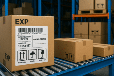 Ilustrasi realistis gudang logistik di Jawa Barat dengan kardus berlabel SSCC, simbol ISO, dan tanda carton marking di atas conveyor biru, merepresentasikan standar label logistik ekspor modern.
