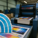 Interior fasilitas percetakan dengan palet warna Pantone biru di depan mesin cetak offset, menggambarkan proses konversi Pantone ke CMYK dan risiko deviasi warna yang dapat diminimalkan dengan ICC/G7.