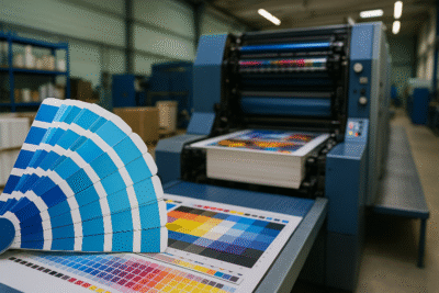 Interior fasilitas percetakan dengan palet warna Pantone biru di depan mesin cetak offset, menggambarkan proses konversi Pantone ke CMYK dan risiko deviasi warna yang dapat diminimalkan dengan ICC/G7.