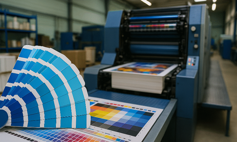 Interior fasilitas percetakan dengan palet warna Pantone biru di depan mesin cetak offset, menggambarkan proses konversi Pantone ke CMYK dan risiko deviasi warna yang dapat diminimalkan dengan ICC/G7.