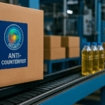 Ilustrasi realistis industri manufaktur di Jawa Barat dengan kardus berlabel hologram biru berdesain guilloche, menyoroti konsep label keamanan anti palsu pada lini produksi.