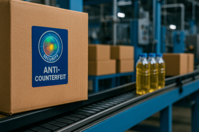 Ilustrasi realistis industri manufaktur di Jawa Barat dengan kardus berlabel hologram biru berdesain guilloche, menyoroti konsep label keamanan anti palsu pada lini produksi.