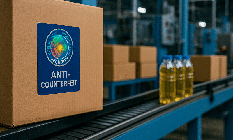 Ilustrasi realistis industri manufaktur di Jawa Barat dengan kardus berlabel hologram biru berdesain guilloche, menyoroti konsep label keamanan anti palsu pada lini produksi.