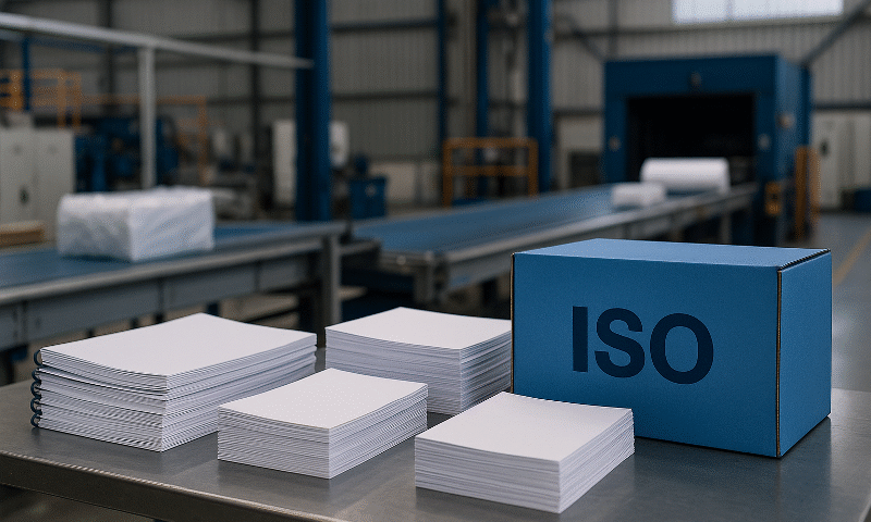Ilustrasi realistis standar ukuran kertas ISO di lingkungan industri Jawa Barat dengan tumpukan manual dan SOP pabrik, menyoroti pentingnya panduan ukuran kertas, lipatan, dan jilid untuk dokumen produksi.