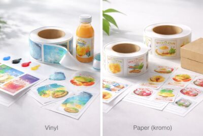 Perbedaan vinyl dan kromo pada stiker label industri pabrik di Karawang: vinyl tahan cuaca, kromo tajam untuk cetak detail.
