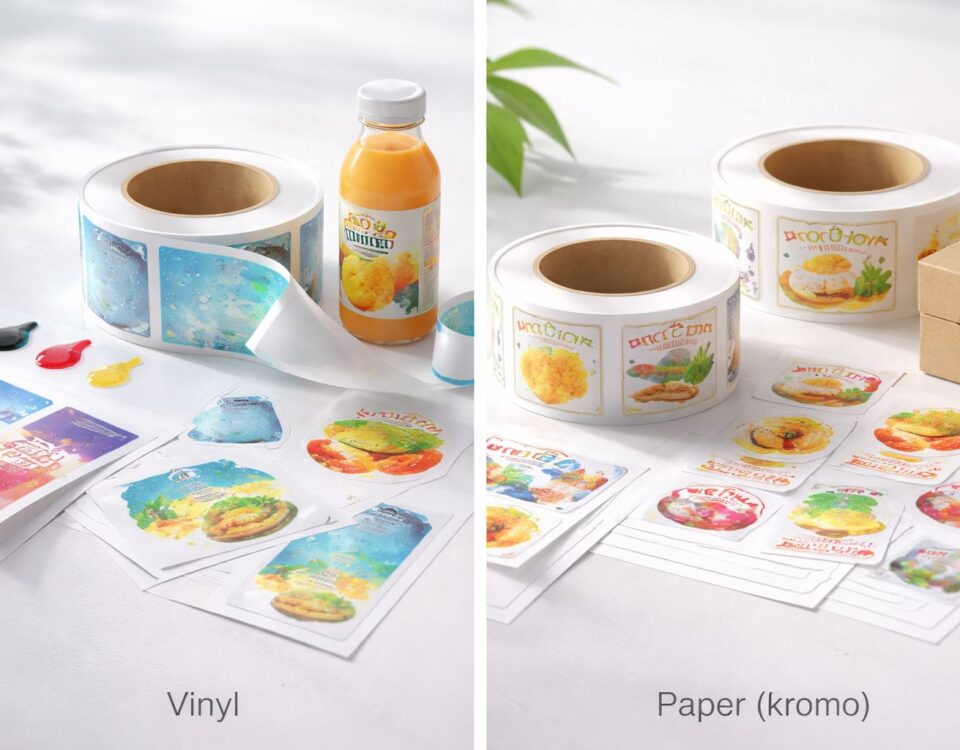 Perbedaan vinyl dan kromo pada stiker label industri pabrik di Karawang: vinyl tahan cuaca, kromo tajam untuk cetak detail.