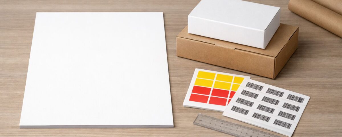 Ukuran kertas A3 standar untuk patokan cepat cetak stiker rak dan dus pada meja kerja percetakan minimalis.