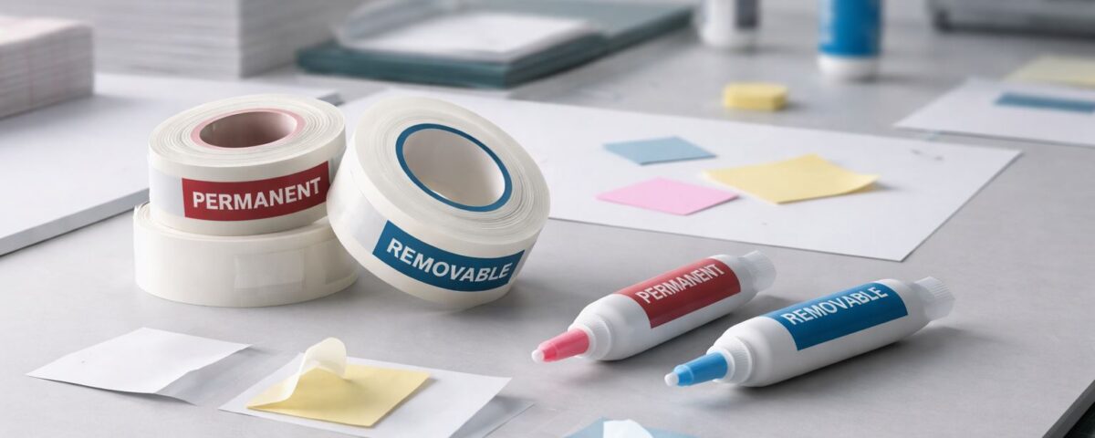 Ilustrasi perbandingan lem permanen vs removable di area produksi—contoh aplikasi perekat untuk penempelan tetap dan sementara pada material kerja.