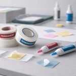 Ilustrasi perbandingan lem permanen vs removable di area produksi—contoh aplikasi perekat untuk penempelan tetap dan sementara pada material kerja.