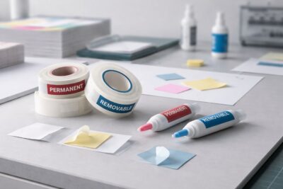 Ilustrasi perbandingan lem permanen vs removable di area produksi—contoh aplikasi perekat untuk penempelan tetap dan sementara pada material kerja.