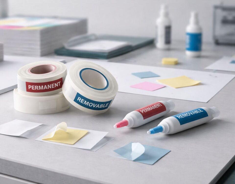 Ilustrasi perbandingan lem permanen vs removable di area produksi—contoh aplikasi perekat untuk penempelan tetap dan sementara pada material kerja.