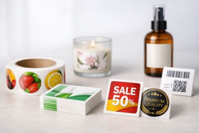 Kertas kromo untuk indoor pada label produk mengilap dengan hasil warna tajam dalam pencahayaan ruangan