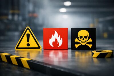Warna peringatan K3 dasar merah kuning hitam pada label peringatan di area pabrik