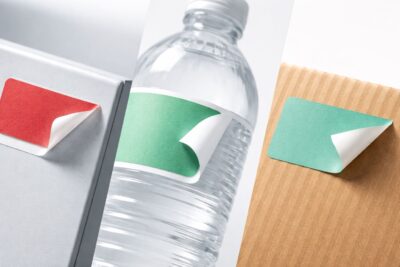 Ilustrasi adhesi pada berbagai permukaan: stiker menempel di besi cat, plastik, dan karton bergelombang dengan perbedaan daya rekat