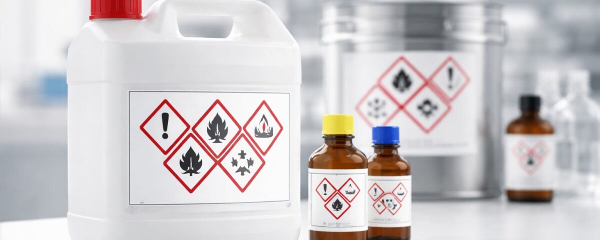 Simbol GHS untuk label bahan kimia pada kemasan industri—contoh pictogram bahaya yang umum dipakai di pabrik