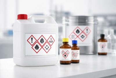 Simbol GHS untuk label bahan kimia pada kemasan industri—contoh pictogram bahaya yang umum dipakai di pabrik